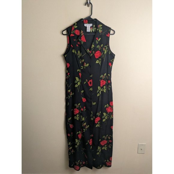 Vintage 90s size 8 rose print black floral button down midi dress - Picture 2 of 9